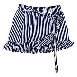 Ruffle Wrap Mini Skirt Women M Blue White Stripe Linen Sailor Beachy Nautical